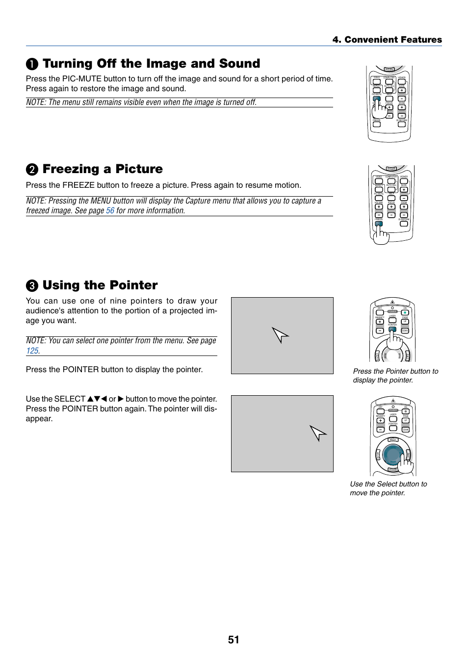 Turning off the image and sound, Freezing a picture, Using the pointer | Convenient features | NEC WT615 User Manual | Page 58 / 159