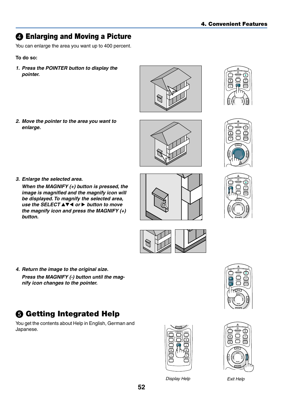 Enlarging and moving a picture, Getting integrated help, Convenient features | Display help exit help | NEC WT615 User Manual | Page 59 / 159