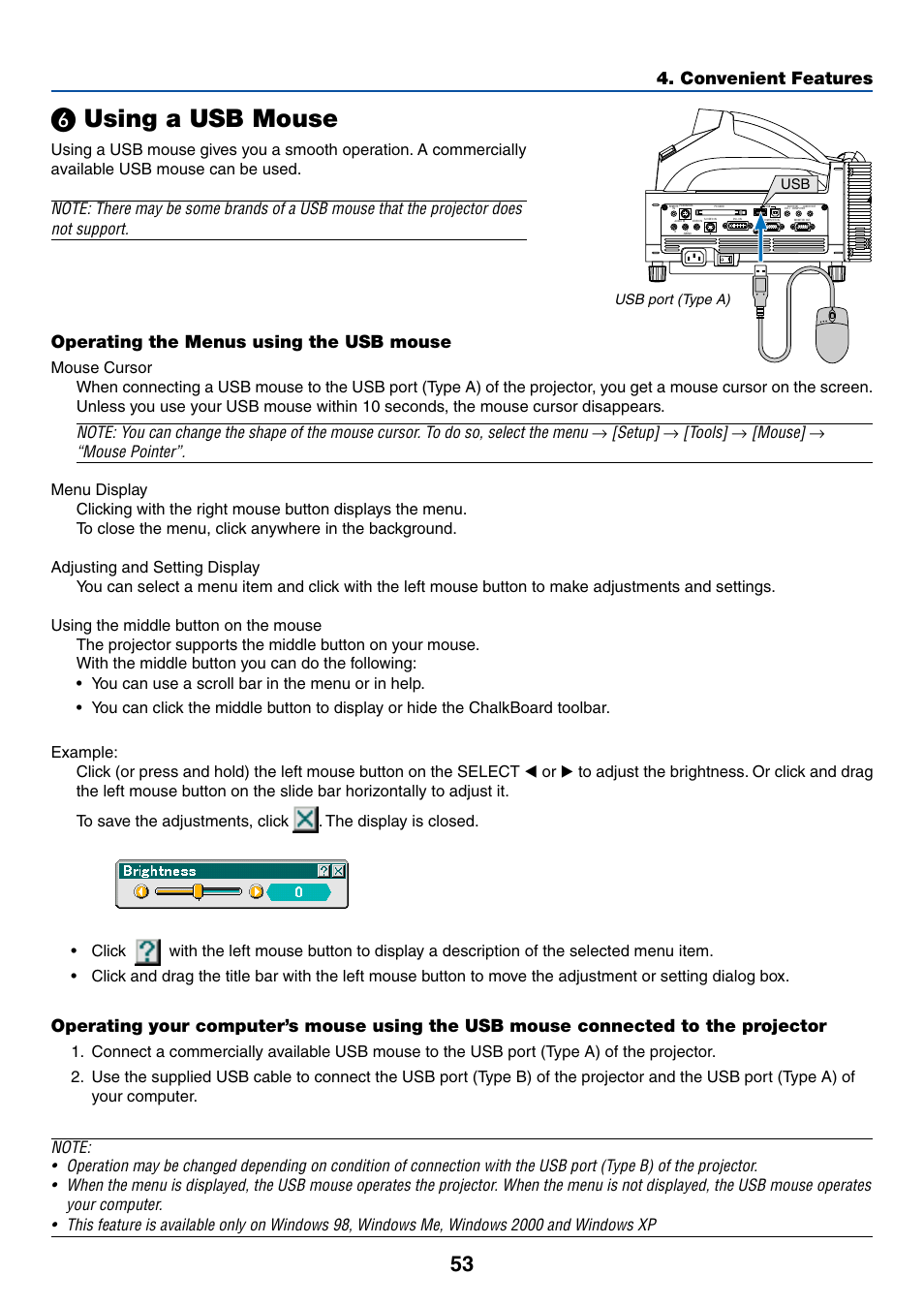 Using a usb mouse, Convenient features, Operating the menus using the usb mouse | Setup, Tools, Mouse, Mouse pointer | NEC WT615 User Manual | Page 60 / 159