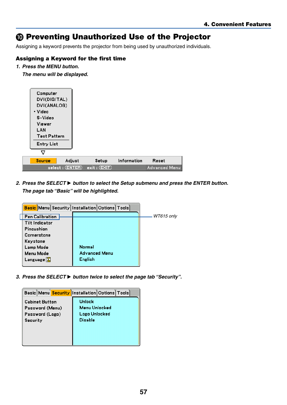 Μ preventing unauthorized use of the projector | NEC WT615 User Manual | Page 64 / 159