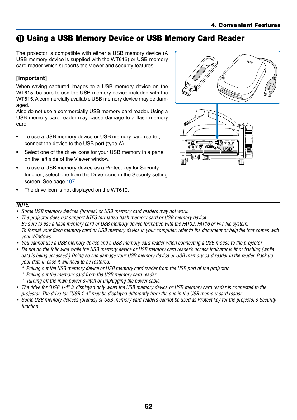 Using a usb memory device or, Usb memory card reader, Convenient features | Important | NEC WT615 User Manual | Page 69 / 159