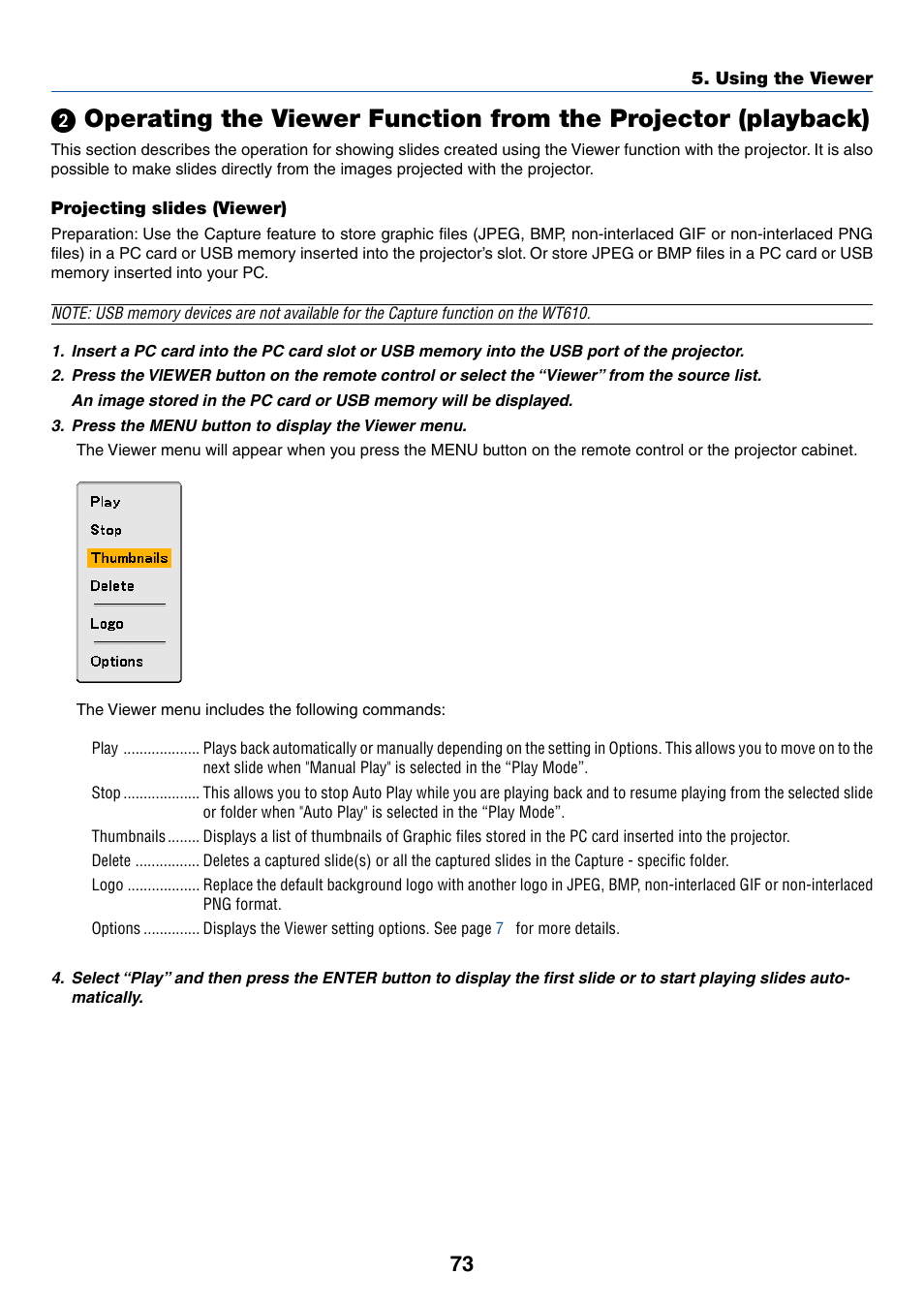 ᕢ operating the viewer function from, The projector (playback) | NEC WT615 User Manual | Page 80 / 159