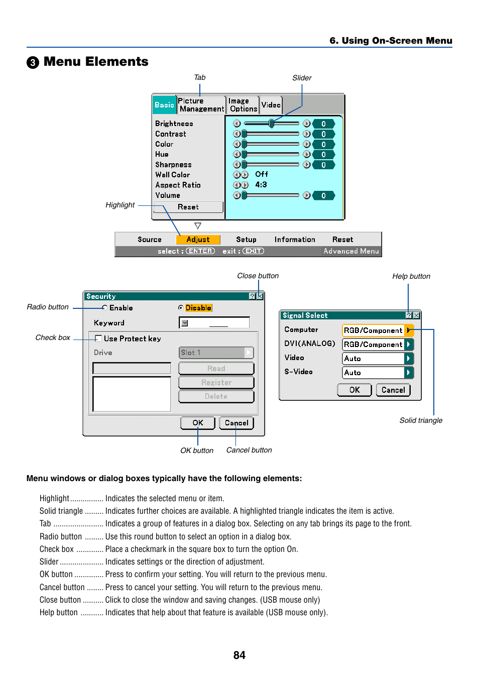 ᕣ menu elements | NEC WT615 User Manual | Page 91 / 159