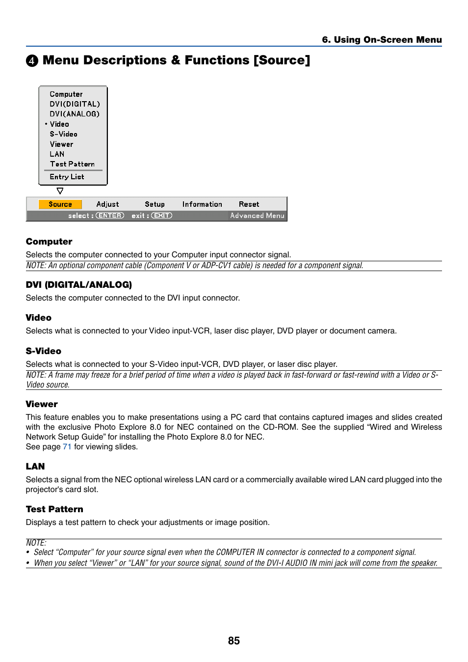 ᕤ menu descriptions & functions [source, Menu descriptions & functions [source | NEC WT615 User Manual | Page 92 / 159