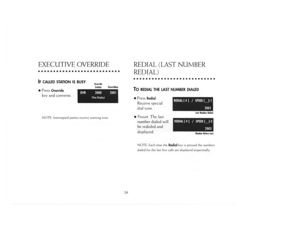 Executive override, Redial (ust number redial) | NEC 2000IVX User Manual | Page 28 / 44