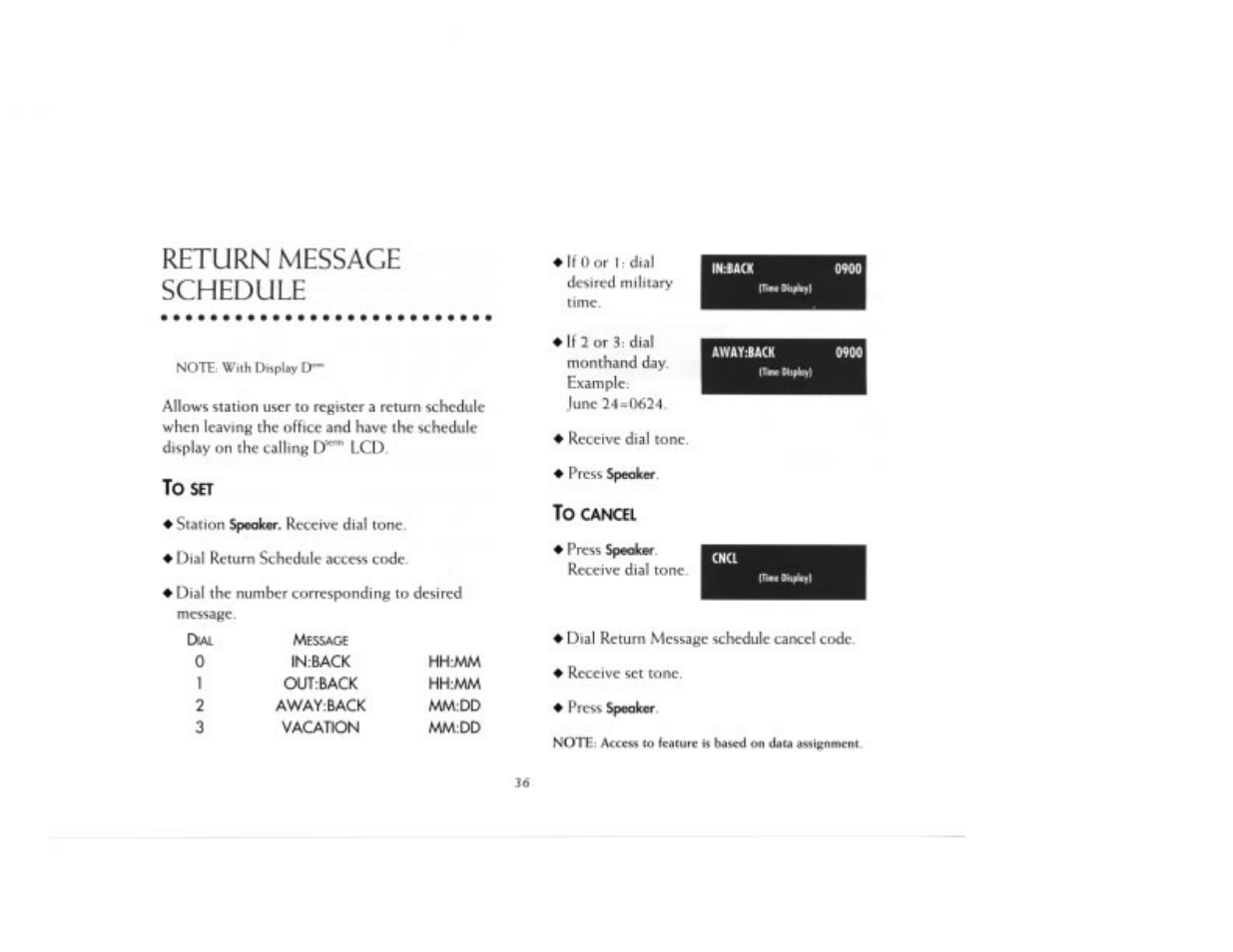 Return message schedule, Noti w,.h l>»pl«r cr, Kol^ access co icature | Based on date msisfimem | NEC 2000IVX User Manual | Page 38 / 44