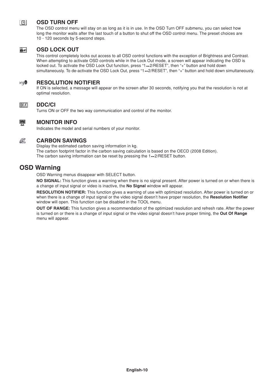 Osd warning | NEC AccuSync AS191 User Manual | Page 12 / 18