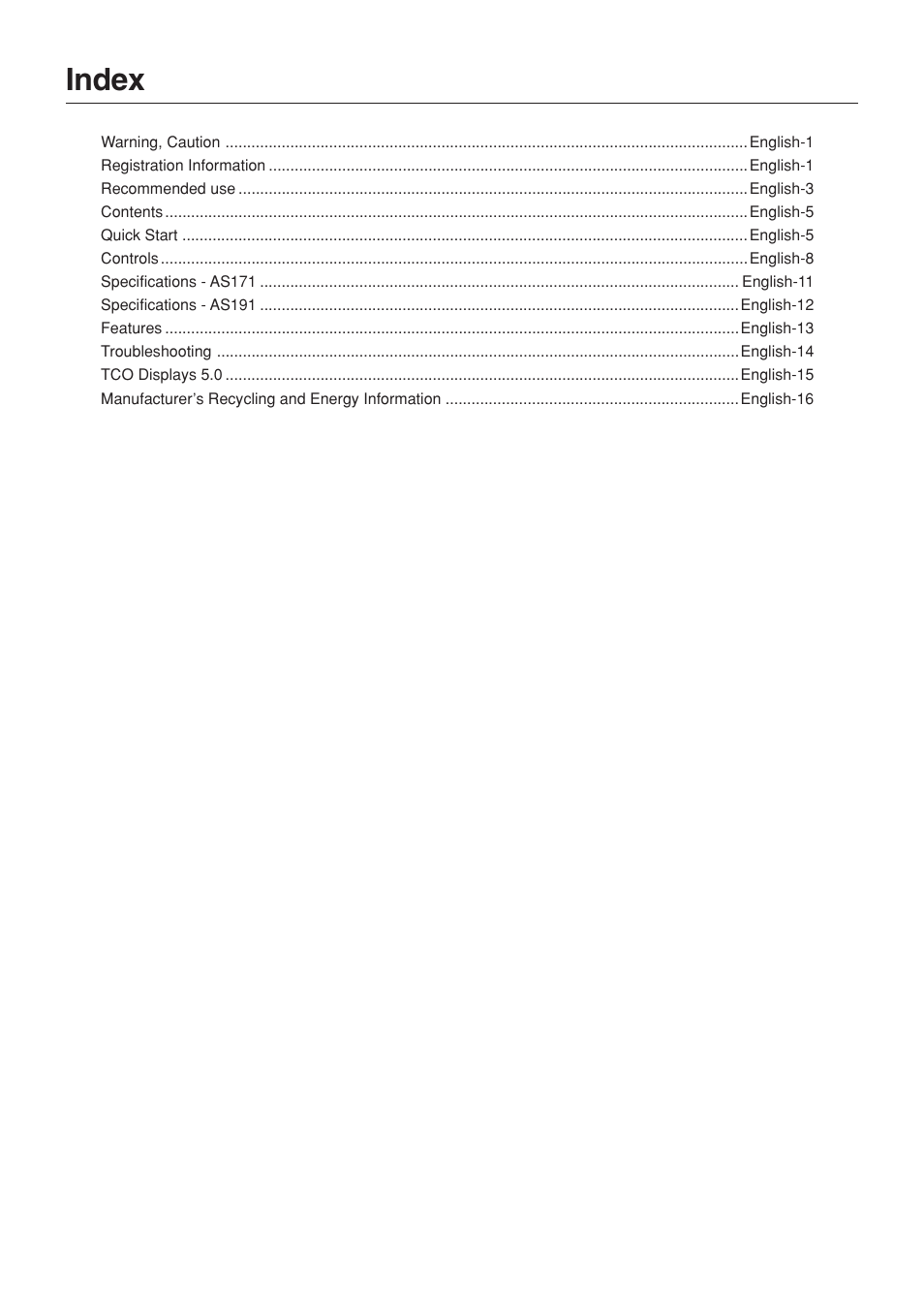 Index | NEC AccuSync AS191 User Manual | Page 2 / 18