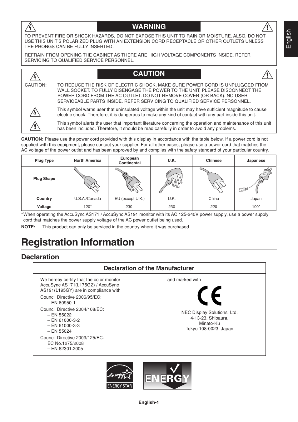 Warning, caution, Registration information, Warning caution | Declaration, English, Declaration of the manufacturer | NEC AccuSync AS191 User Manual | Page 3 / 18