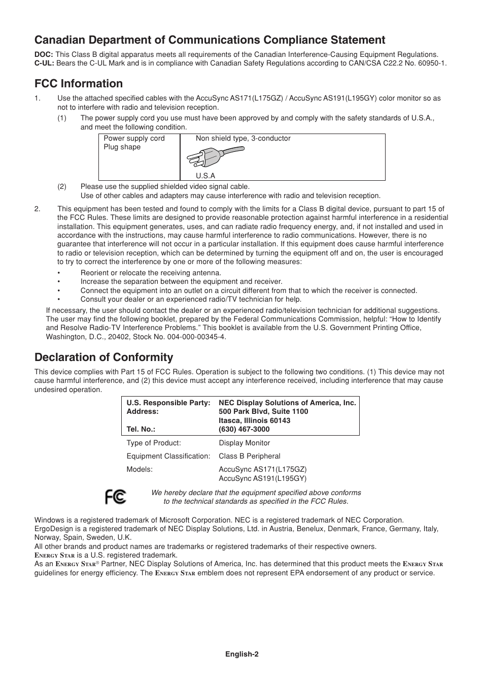 Fcc information, Declaration of conformity | NEC AccuSync AS191 User Manual | Page 4 / 18