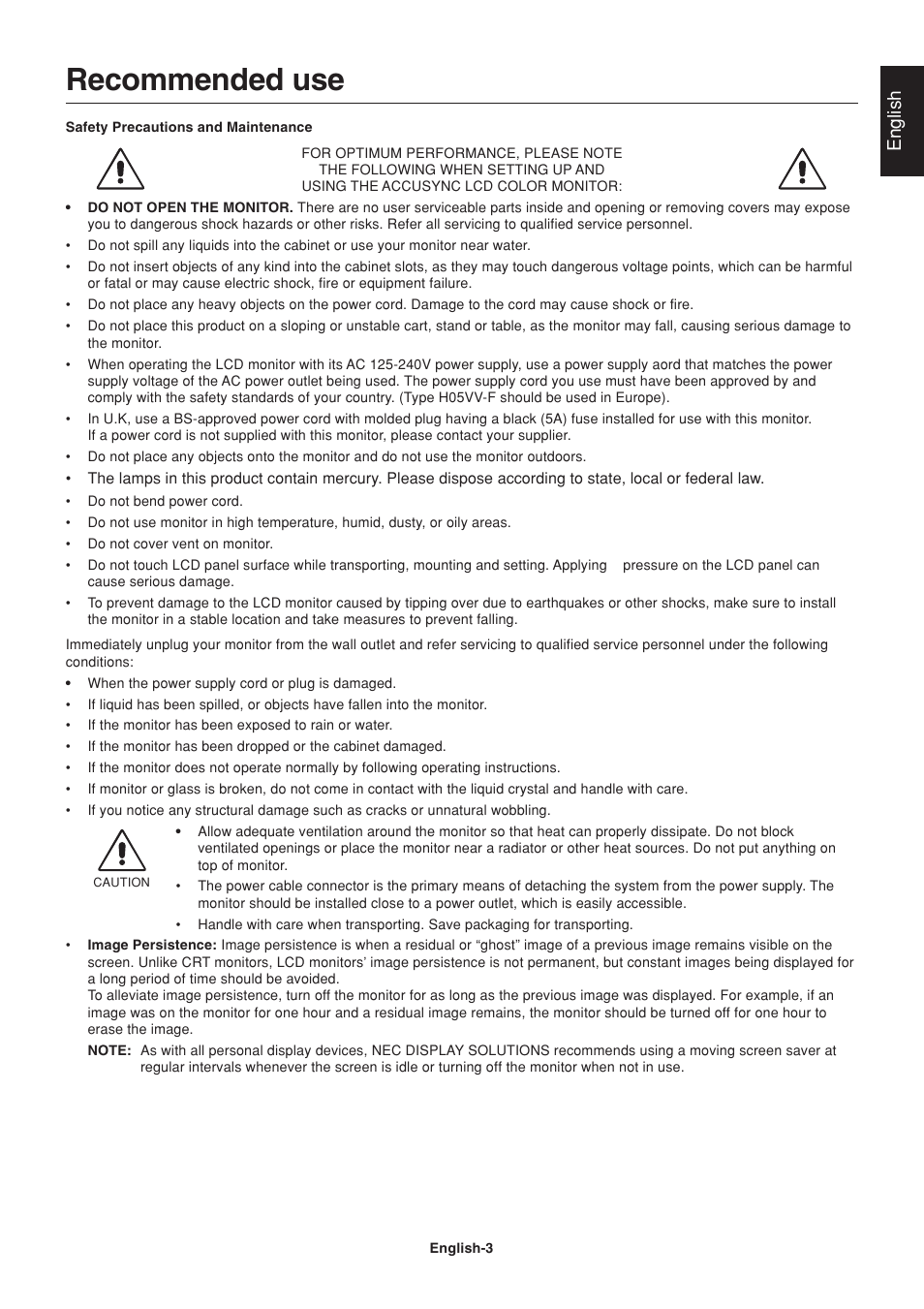 Recommended use, English | NEC AccuSync AS191 User Manual | Page 5 / 18