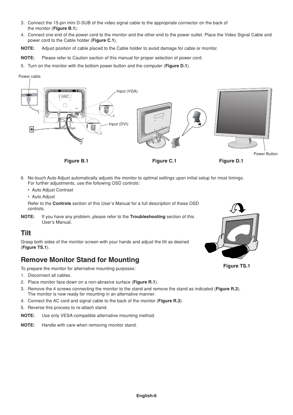 Tilt, Remove monitor stand for mounting | NEC AccuSync AS191 User Manual | Page 8 / 18