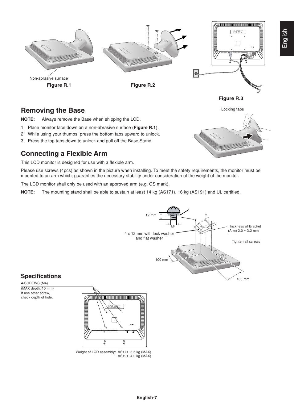 Removing the base, Connecting a flexible arm, English | Specifications | NEC AccuSync AS191 User Manual | Page 9 / 18
