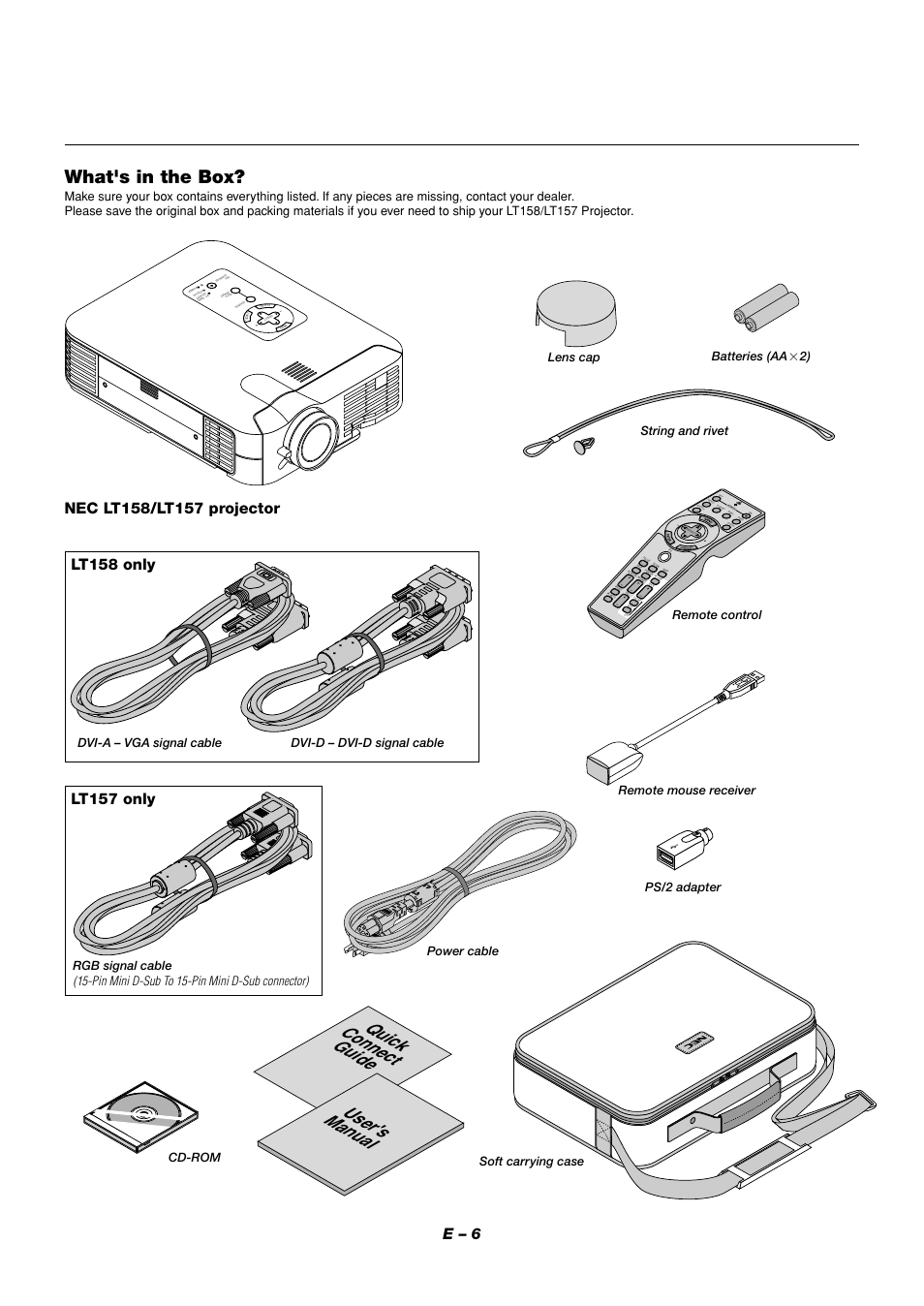 Quick connect guide user's manual, What's in the box, E – 6 | Lt158 only, Lt157 only, Pin mini d-sub to 15-pin mini d-sub connector), Remote mouse receiver ps/2 adapter, Power cable rgb signal cable | NEC LT158 User Manual | Page 10 / 61