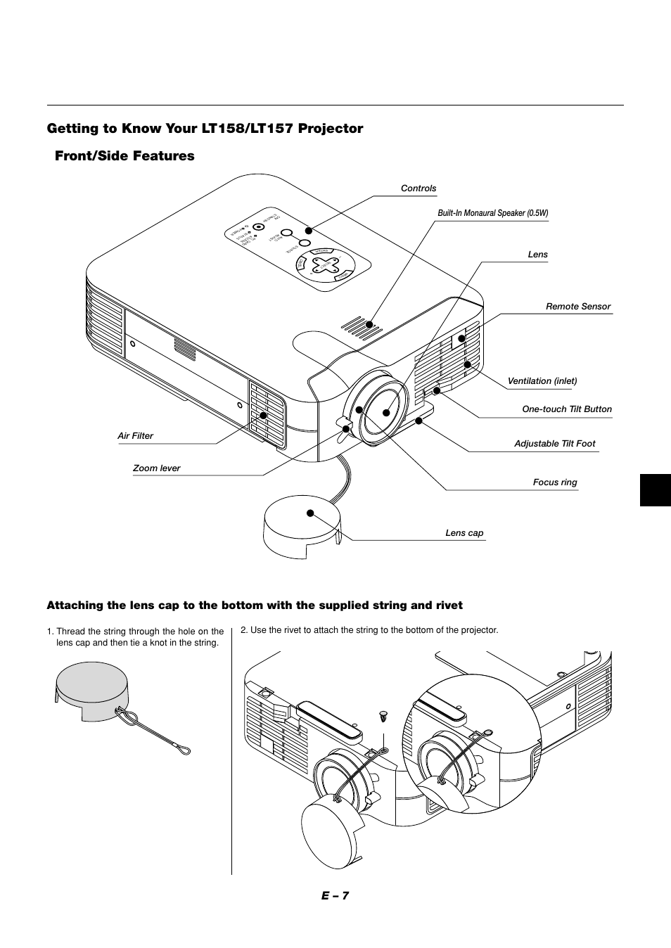 Front/side features, E – 7 | NEC LT158 User Manual | Page 11 / 61