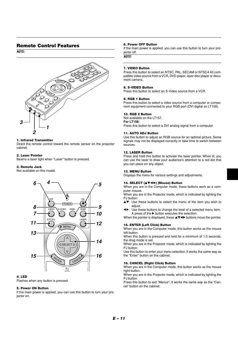 Remote control features, E – 11 | NEC LT158 User Manual | Page 15 / 61