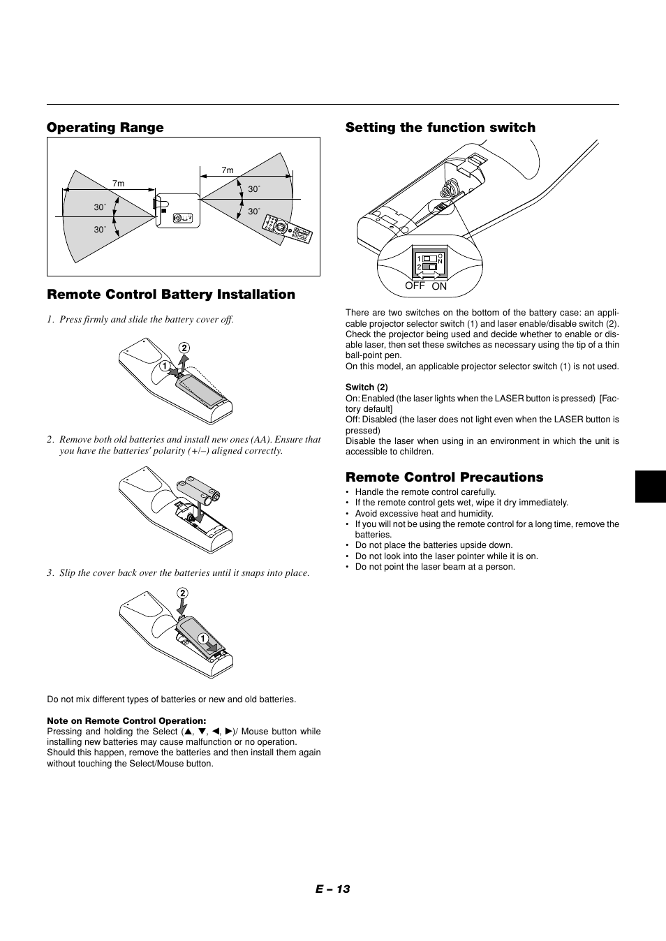 Remote control precautions, Setting the function switch | NEC LT158 User Manual | Page 17 / 61