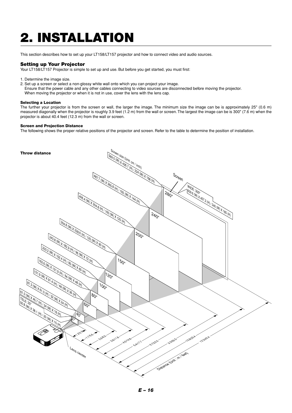 Installation, E – 16, Setting up your projector | NEC LT158 User Manual | Page 20 / 61