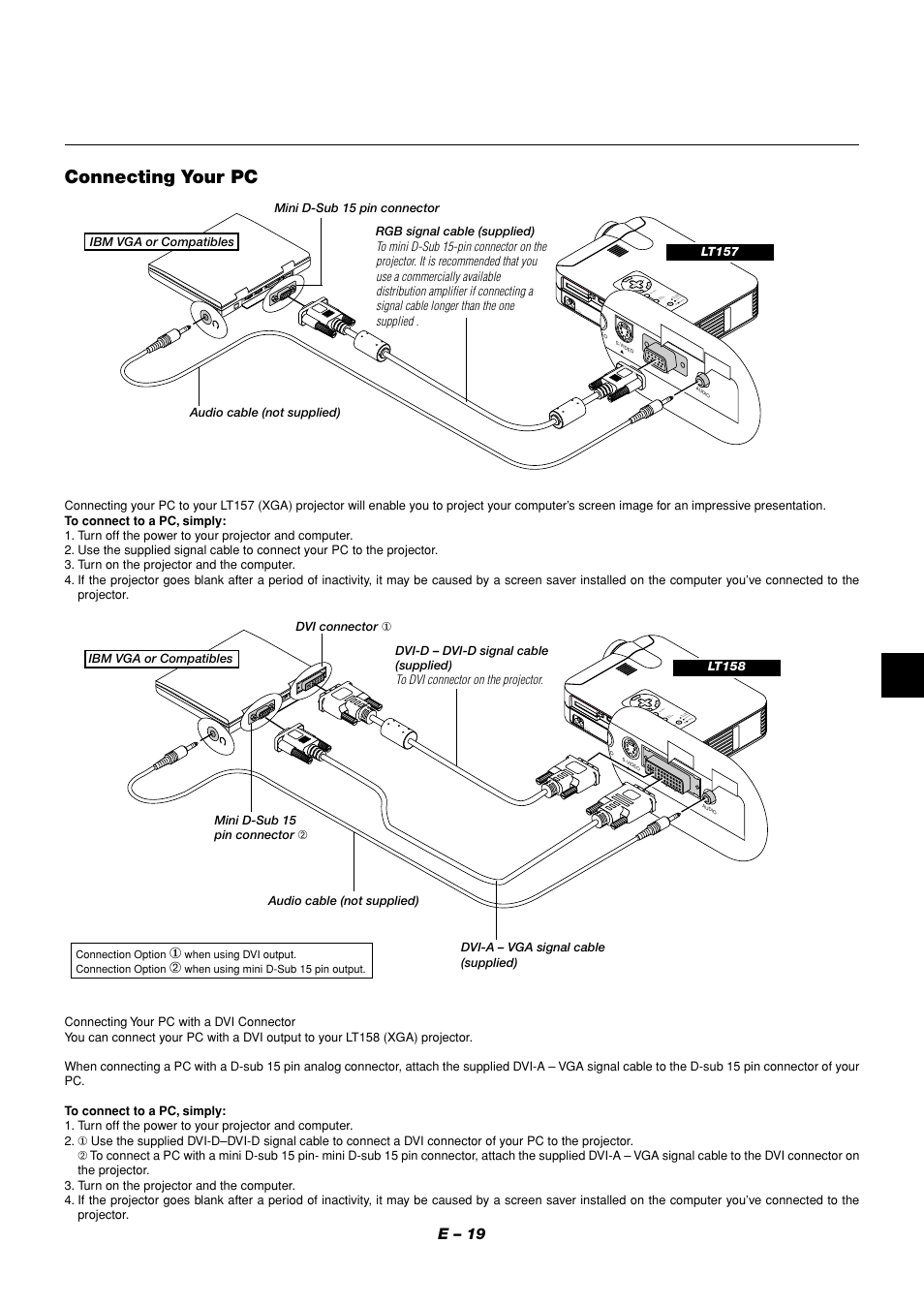 Connecting your pc, E – 19 | NEC LT158 User Manual | Page 23 / 61