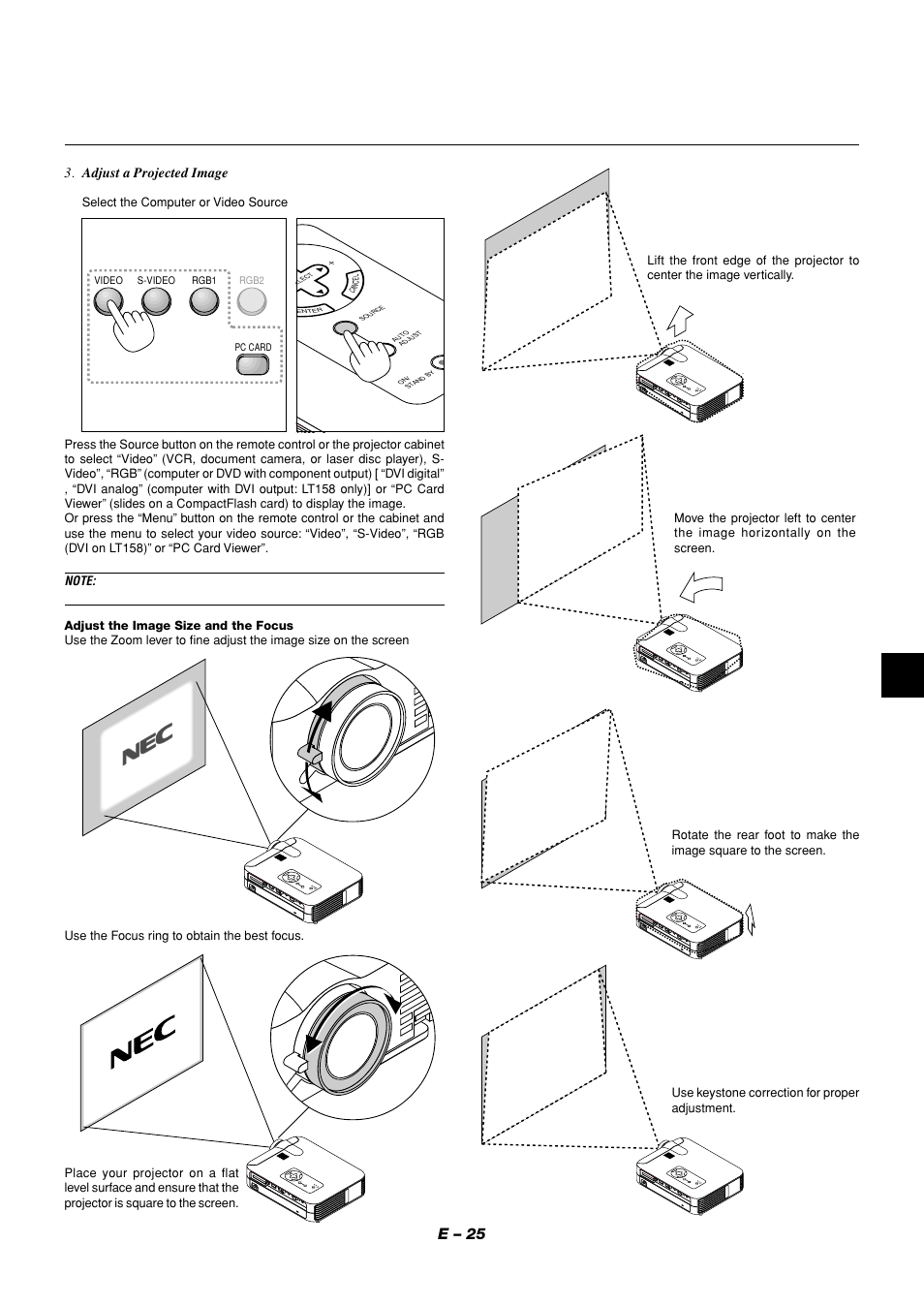 E – 25, Adjust a projected image | NEC LT158 User Manual | Page 29 / 61