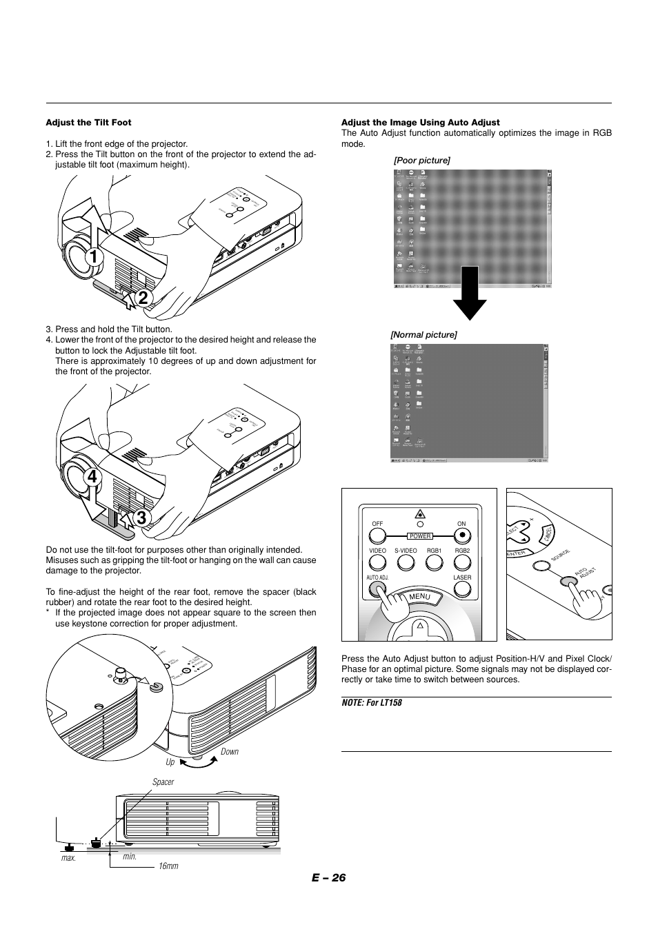 E – 26, Max. min. 16mm spacer up down, Menu | NEC LT158 User Manual | Page 30 / 61