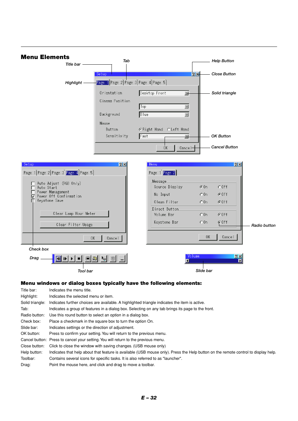 Menu elements | NEC LT158 User Manual | Page 36 / 61