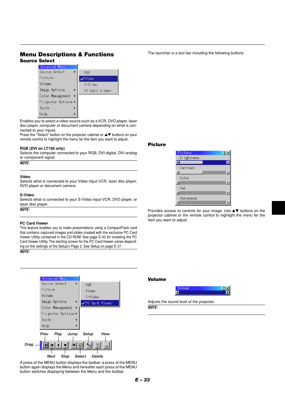 Menu descriptions & functions, E – 33, Picture | Source select, Volume | NEC LT158 User Manual | Page 37 / 61