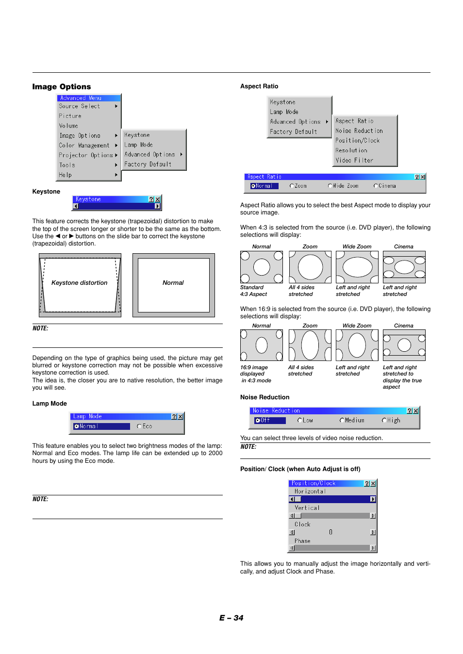 E – 34, Image options | NEC LT158 User Manual | Page 38 / 61