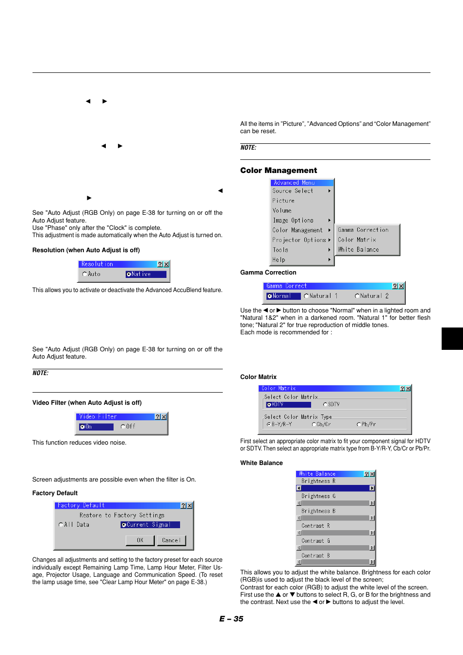 E – 35, Color management | NEC LT158 User Manual | Page 39 / 61