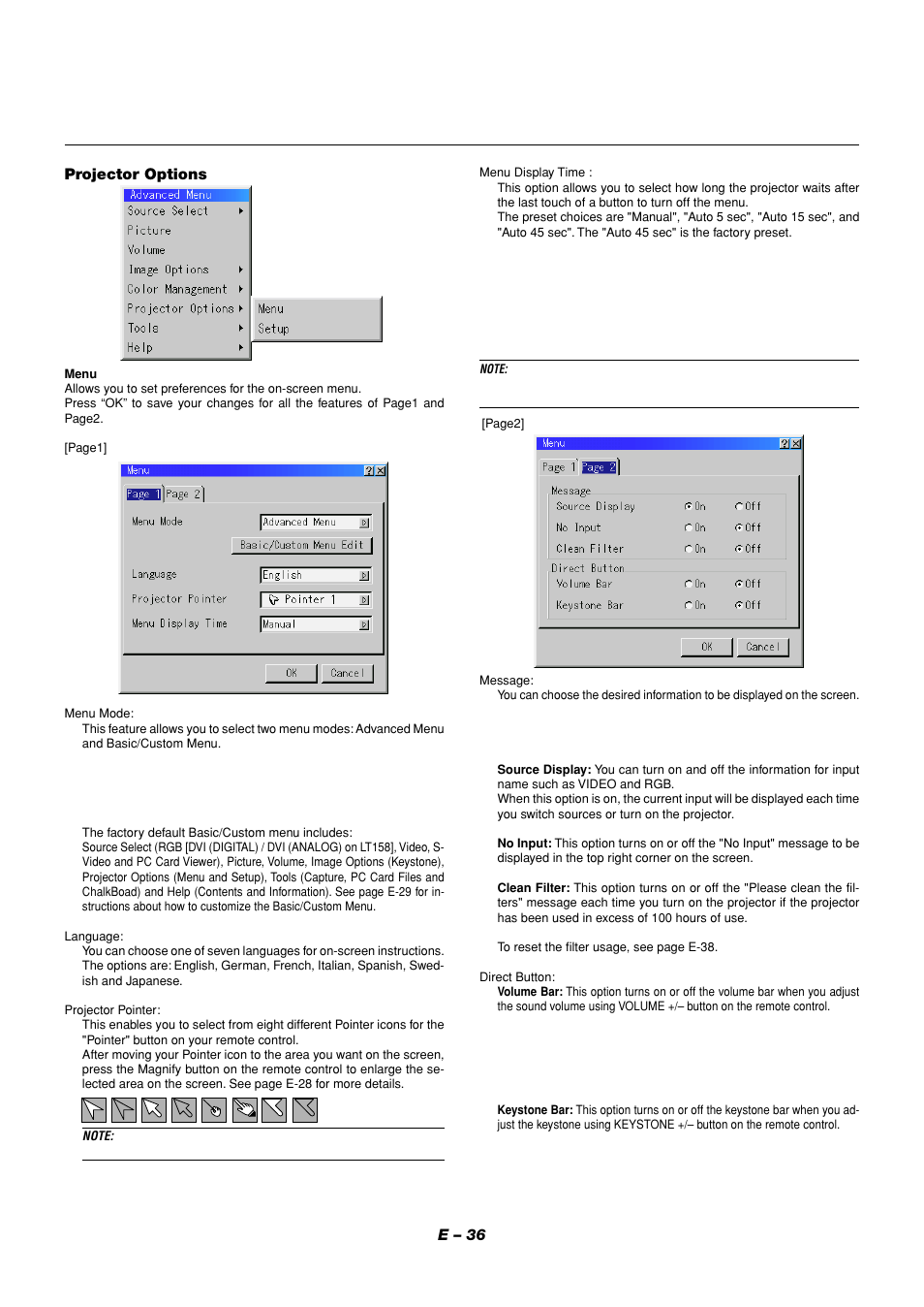 E – 36, Projector options | NEC LT158 User Manual | Page 40 / 61