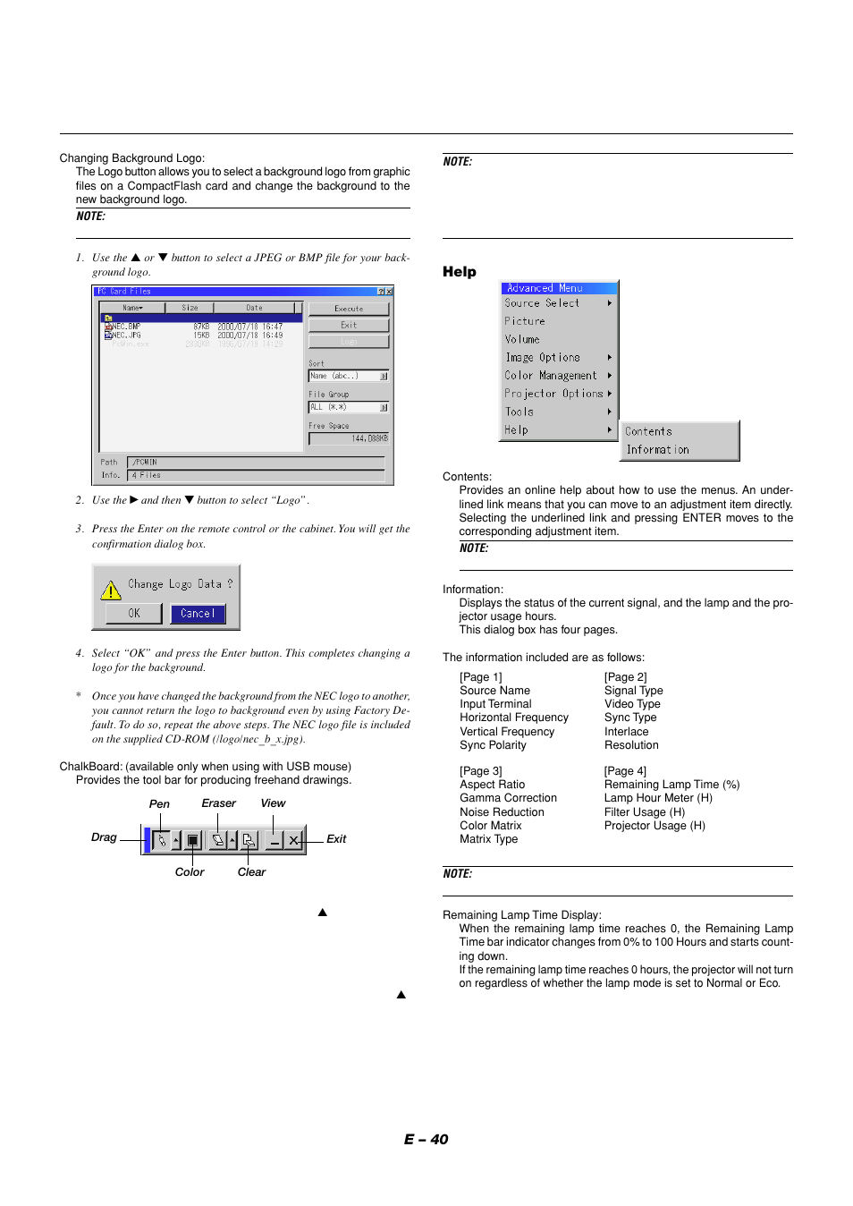 E – 40, Help | NEC LT158 User Manual | Page 44 / 61