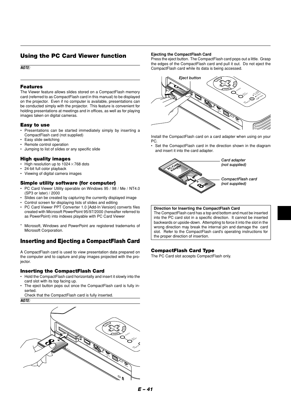 Using the pc card viewer function, Inserting and ejecting a compactflash card, E – 41 | Features, Easy to use, High quality images, Simple utility software (for computer), Inserting the compactflash card, Compactflash card type, The pc card slot accepts compactflash only | NEC LT158 User Manual | Page 45 / 61