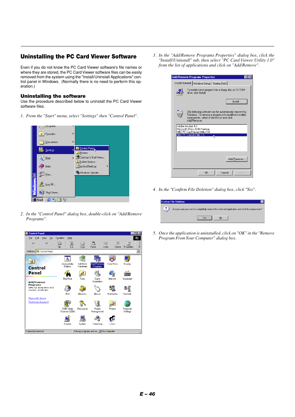 Uninstalling the pc card viewer software | NEC LT158 User Manual | Page 50 / 61