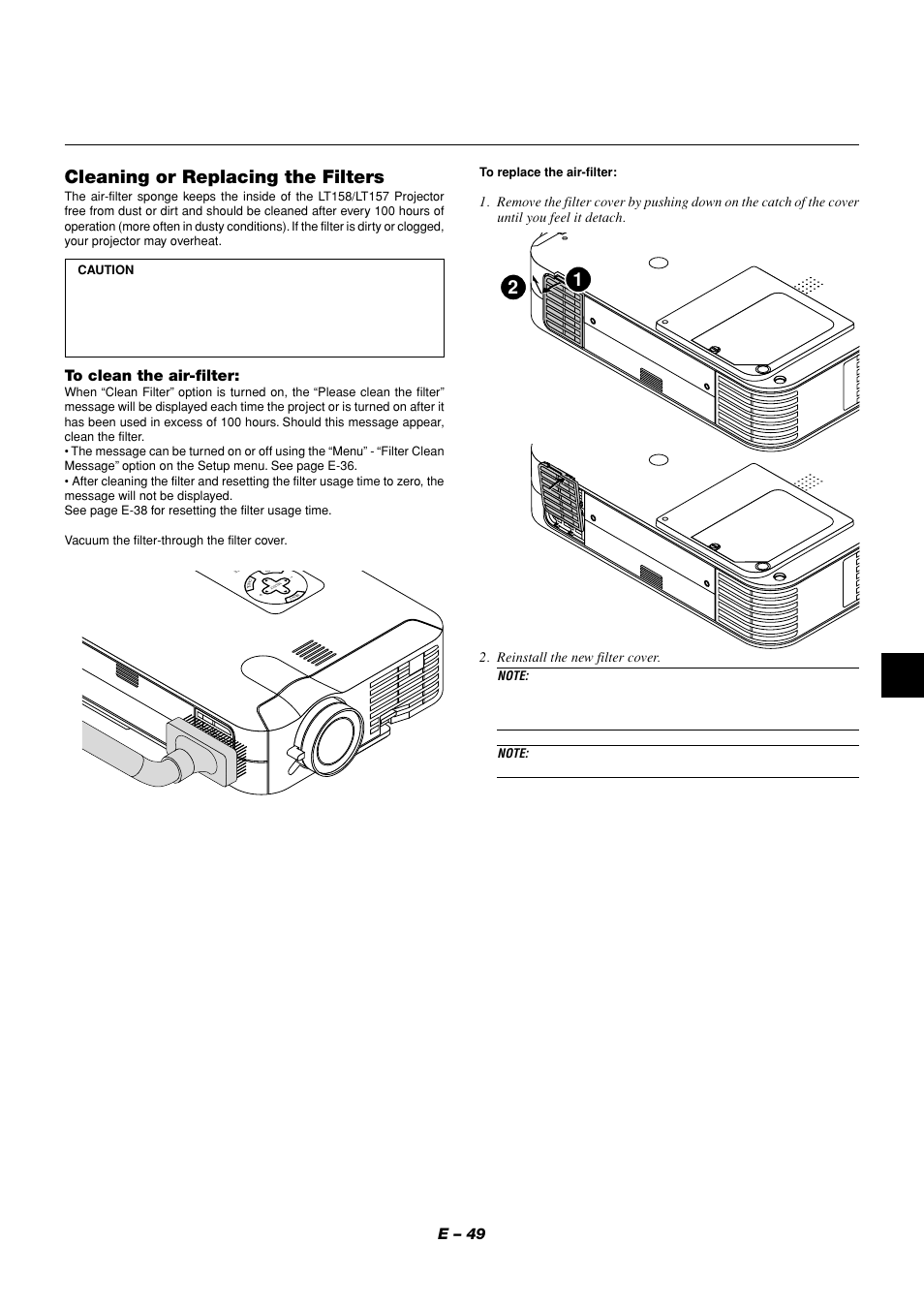 Cleaning or replacing the filters, E – 49 | NEC LT158 User Manual | Page 53 / 61