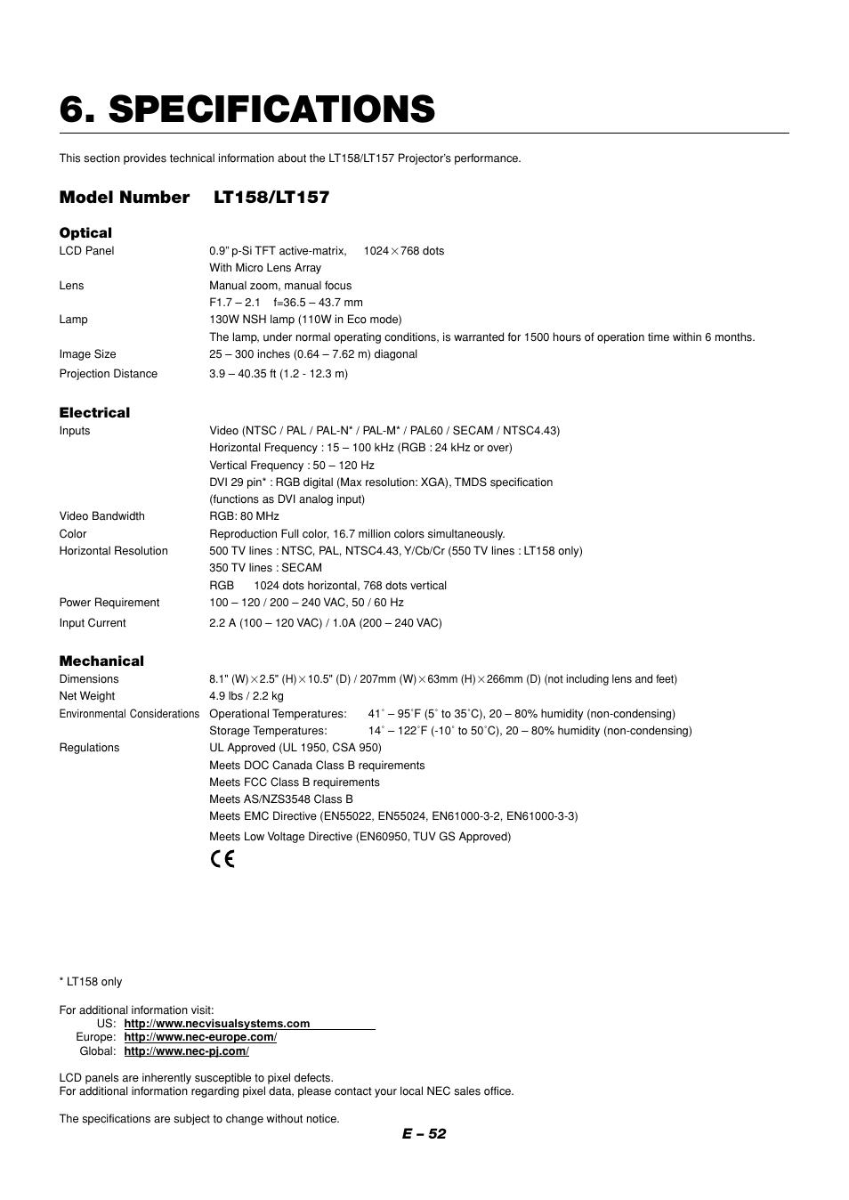 Specifications | NEC LT158 User Manual | Page 56 / 61