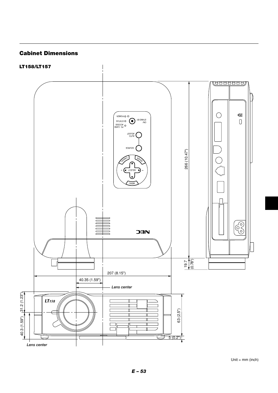 Cabinet dimensions, E – 53 | NEC LT158 User Manual | Page 57 / 61