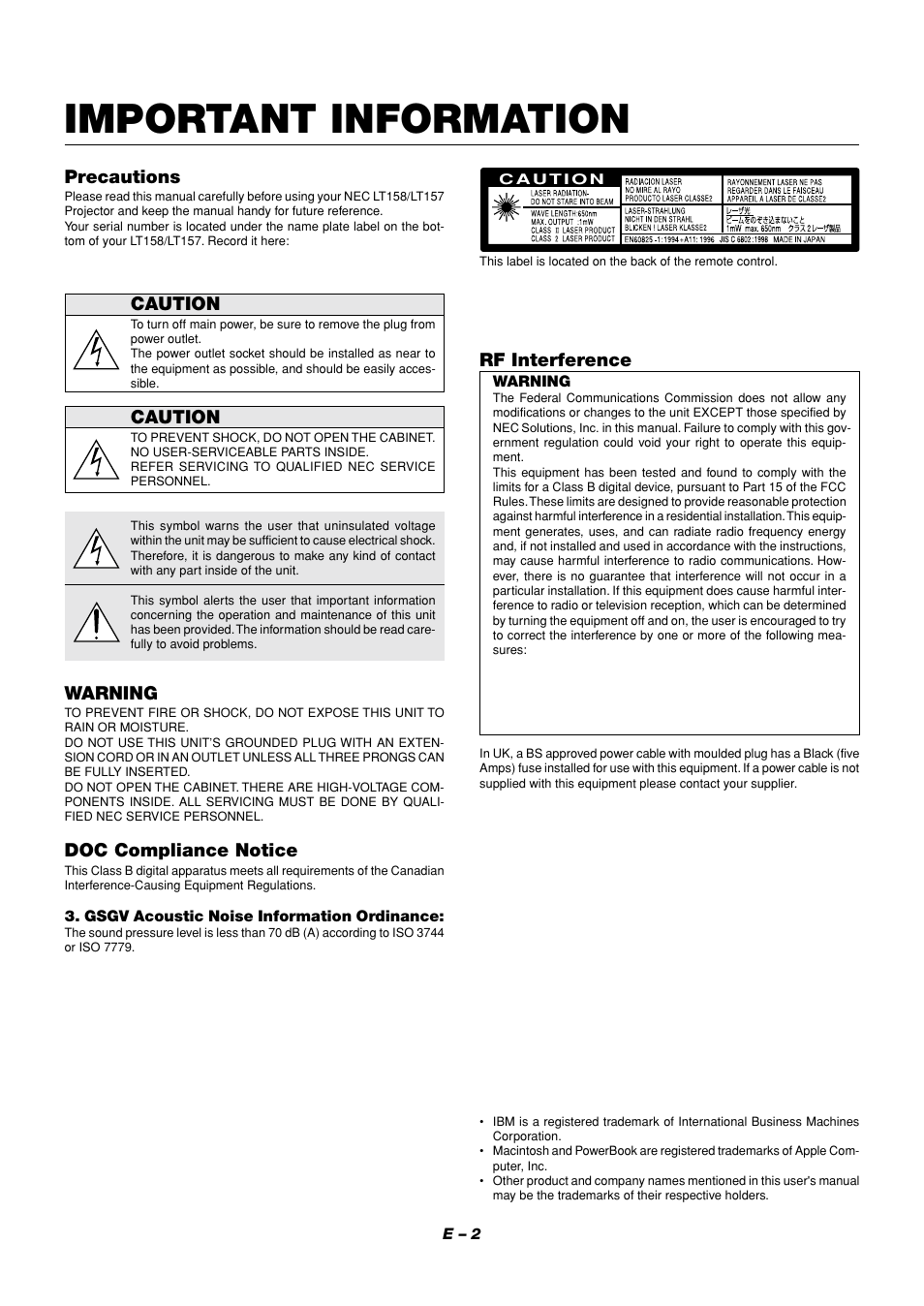 Important information, Precautions, Caution | Warning, Doc compliance notice, Rf interference | NEC LT158 User Manual | Page 6 / 61