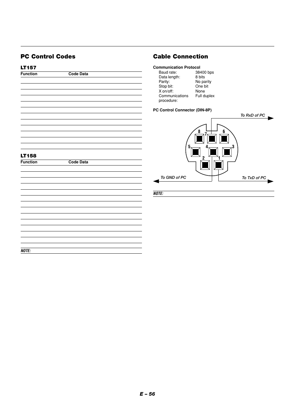Cable connection, Pc control codes, E – 56 | Lt157, Lt158 | NEC LT158 User Manual | Page 60 / 61