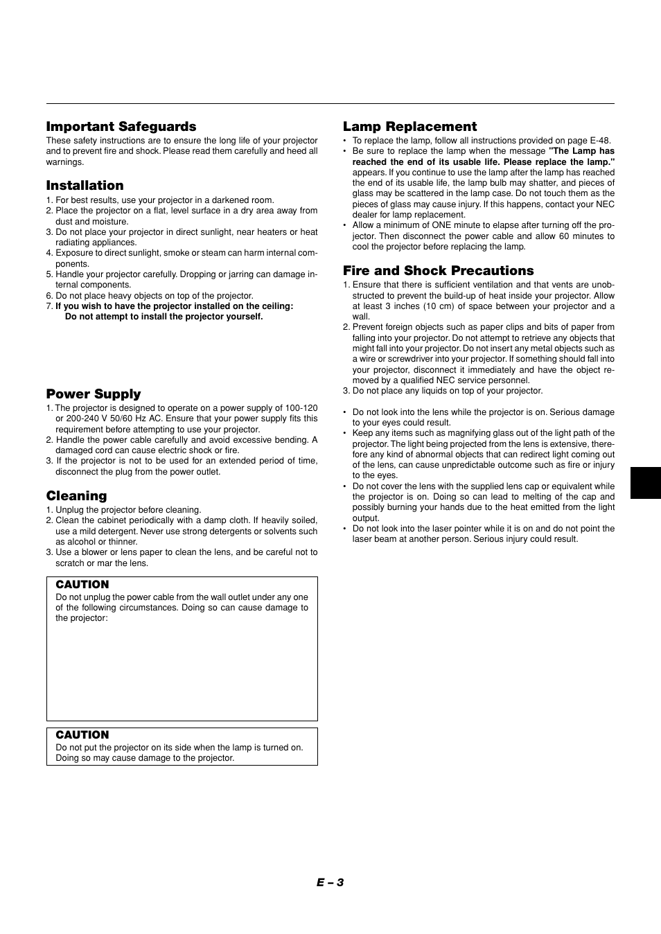 Important safeguards, Installation, Power supply | Cleaning, Lamp replacement, Fire and shock precautions | NEC LT158 User Manual | Page 7 / 61