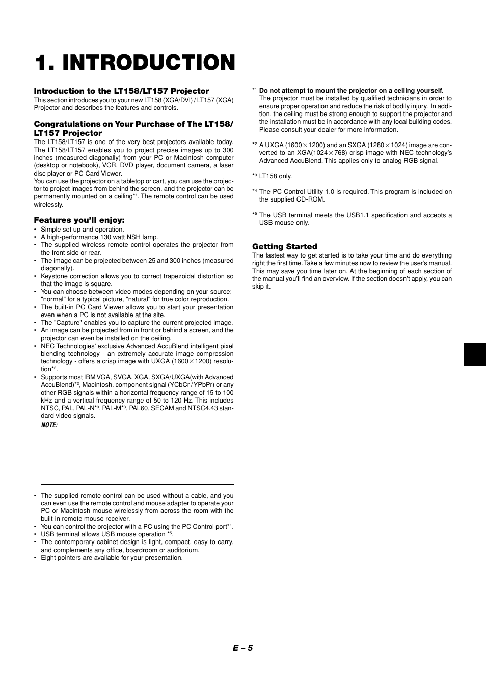 Introduction, E – 5, Features you’ll enjoy | Getting started | NEC LT158 User Manual | Page 9 / 61