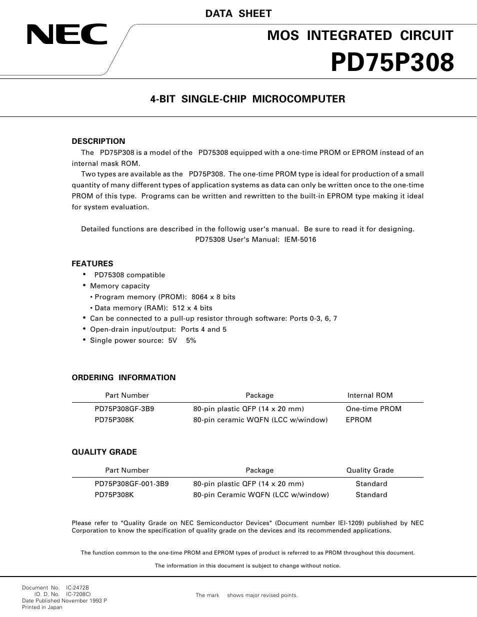 NEC PD75P308 User Manual | 34 pages