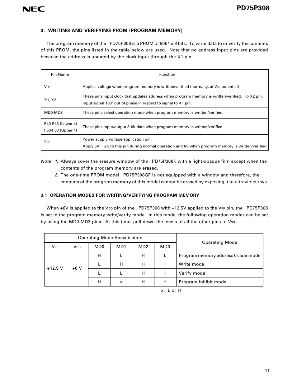 Writing and verifying prom (program memory) | NEC PD75P308 User Manual | Page 11 / 34