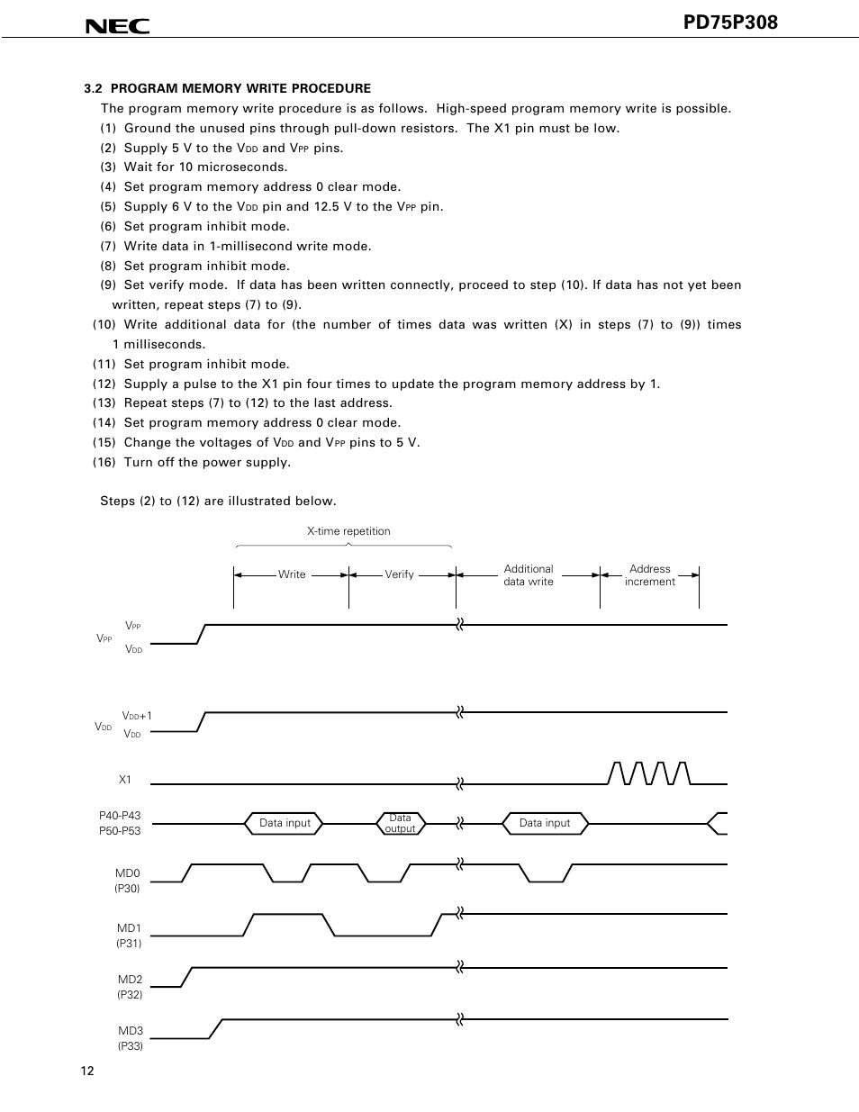 Program memory write procedure | NEC PD75P308 User Manual | Page 12 / 34