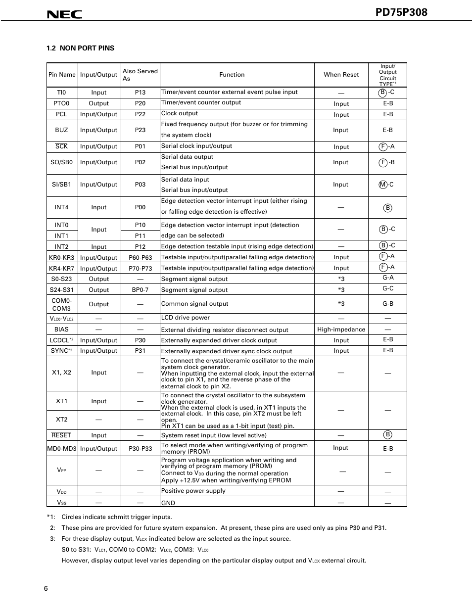 Non port pins | NEC PD75P308 User Manual | Page 6 / 34