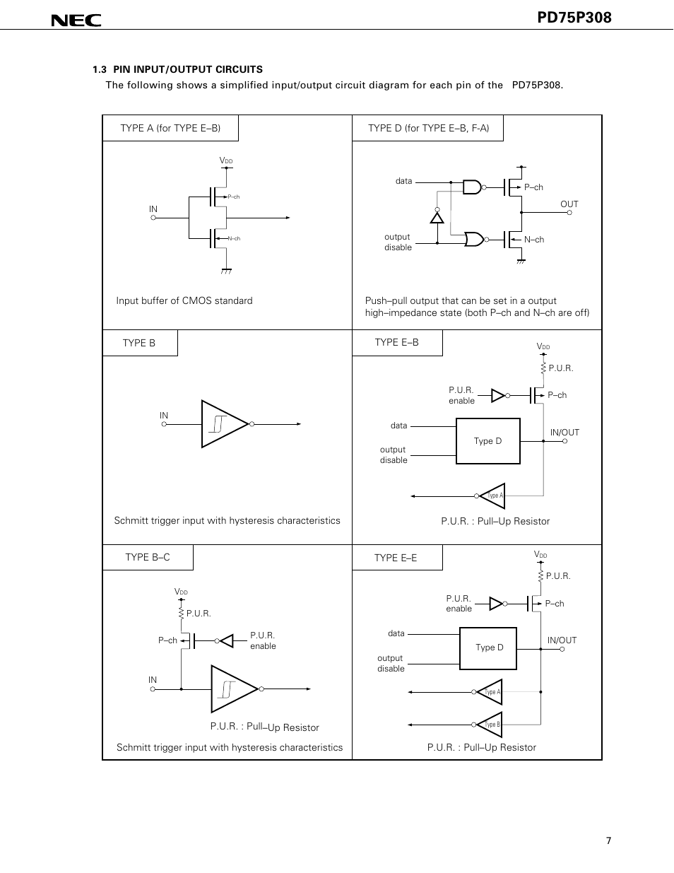 Pin input/output circuits | NEC PD75P308 User Manual | Page 7 / 34