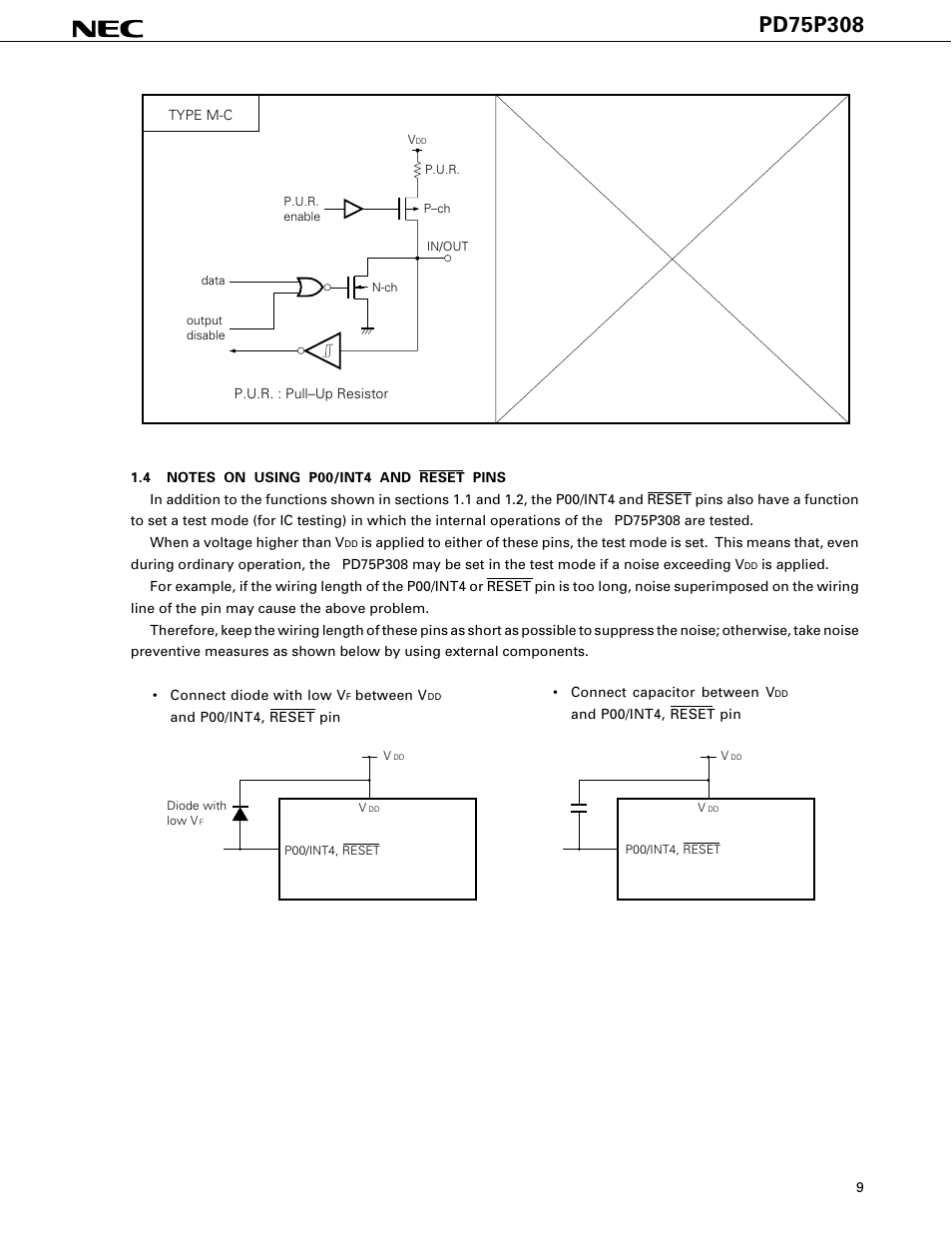 Notes on using p00/int4 and reset pins | NEC PD75P308 User Manual | Page 9 / 34