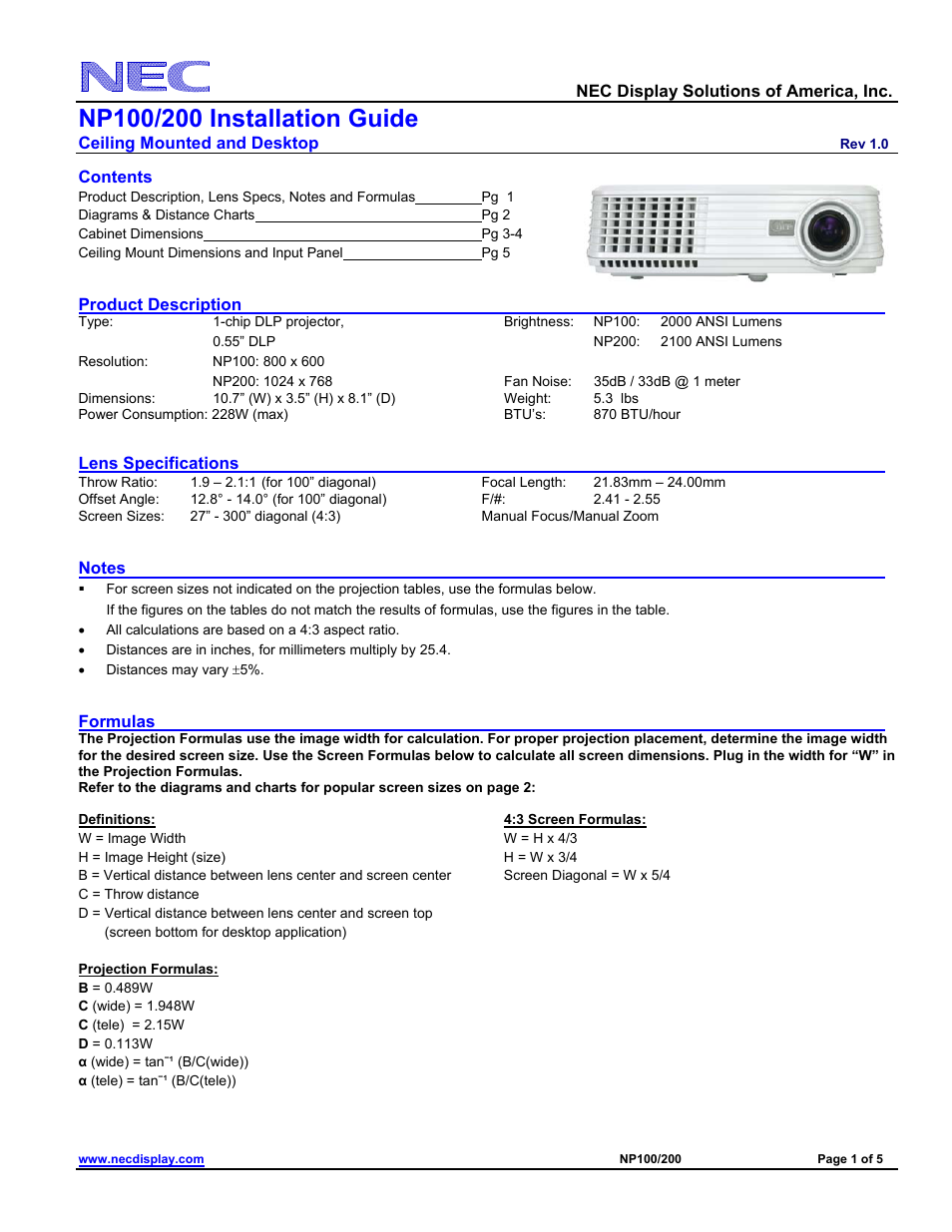 NEC NP100/200 User Manual | 5 pages