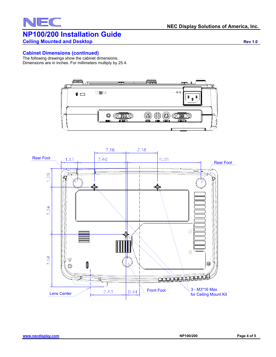 Cabinet dimensions (continued), Nec display solutions of america, inc, Ceiling mounted and desktop | NEC NP100/200 User Manual | Page 4 / 5