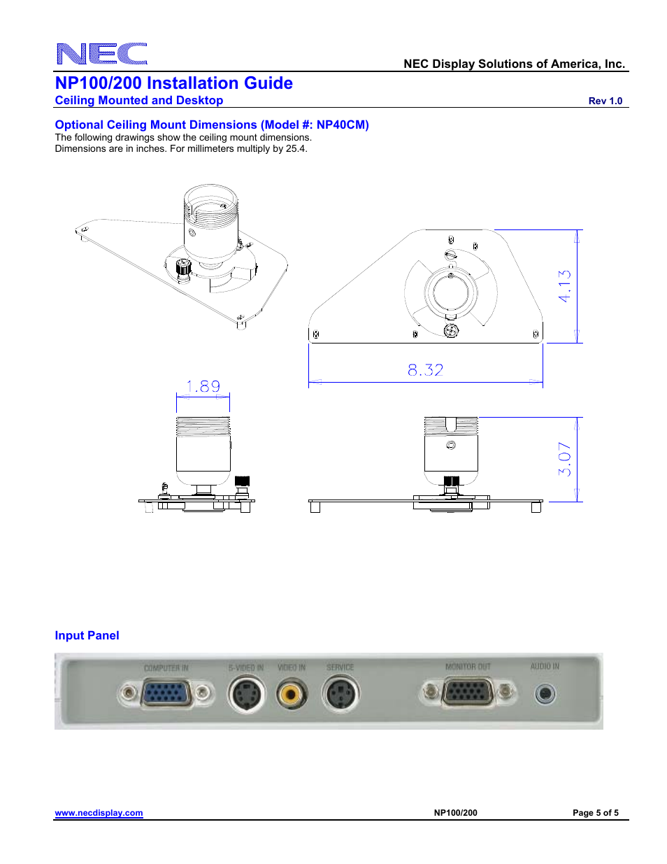 Input panel, Nec display solutions of america, inc, Ceiling mounted and desktop | NEC NP100/200 User Manual | Page 5 / 5