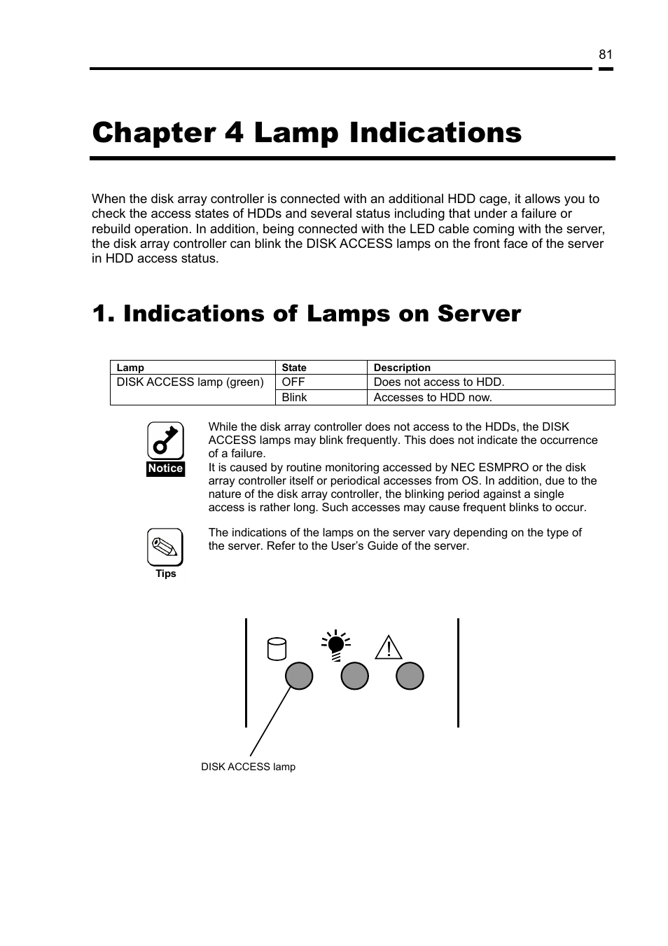 Chapter 4 lamp indications, Indications of lamps on server | NEC Disk Array Controller N8103-89 User Manual | Page 101 / 128